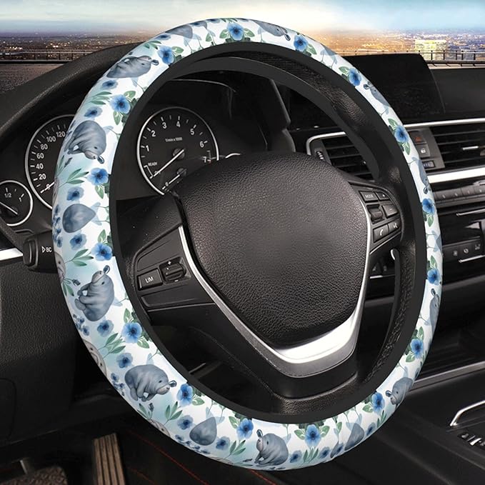 Neoprene Steering Wheel Cover Manatees-Florals Pattern Car Steering Wheel Cover Universal Fit for Most Cars