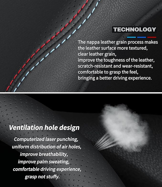 Nappa Premium Leather Steering Wheel Cover, Non-Slip, Breathable, Universal 14.5-15 inch Car Steering Wheel Protector for Women Men, Anti-Slip, Black