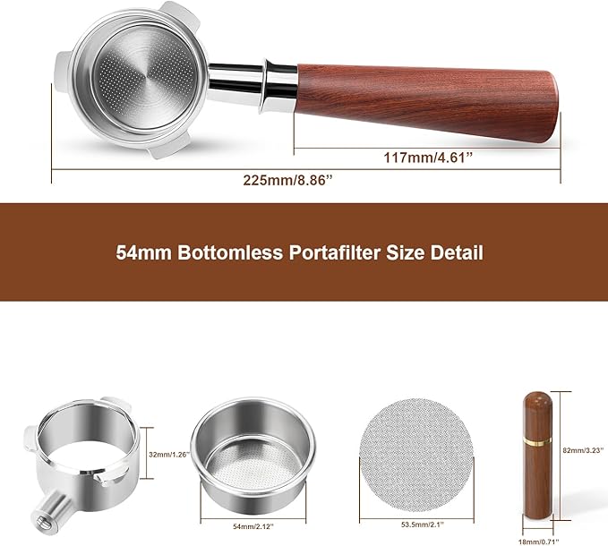 54mm Bottomless Portafilter with Puck Screen & WDT Tool – Compatible with Breville Barista Express/Pro/Touch, Bambino Plus, Infuser, Duo-Temp Pro, 18–20g Filter Basket and Rosewood Handle