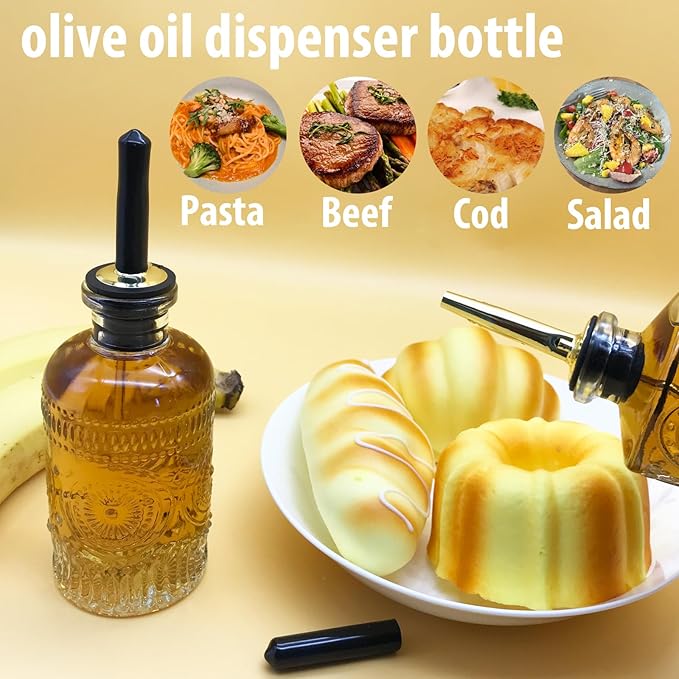 Olive Oil Dispenser Bottle, 2 Pcs Oil and Vinegar Dispenser Set,Glass Oil Bottles 7OZ,Coffee Syrup Dispenser, Elegant Glass Cooking Dispenser for Kitchen