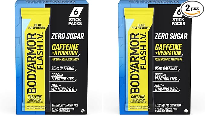 BODYARMOR Caffeinated Flash I.V. Electrolyte Packets Blue Raspberry - Zero Sugar Energy Drink Mix, Serve Packs, Hydration for Pre Workout, Travel Essentials, Active Lifestyle, 6 Count (Pack of 2)