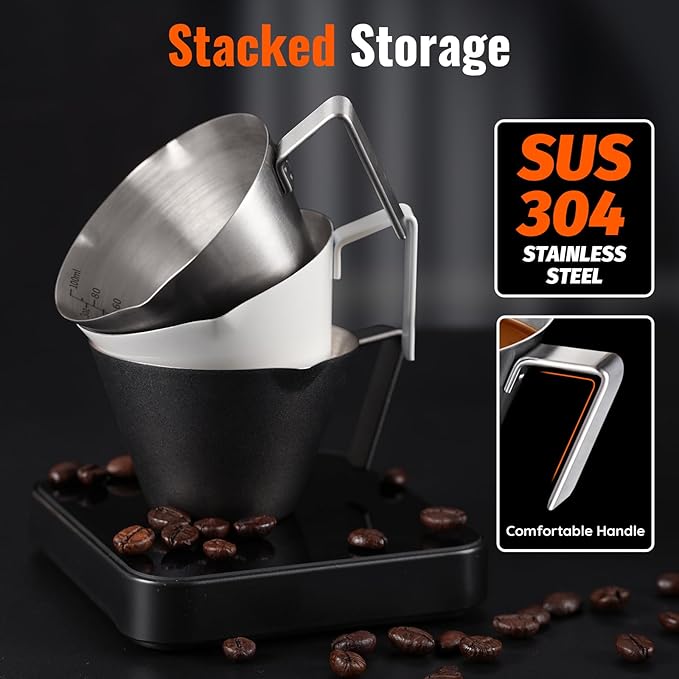 YARRAMATE 2 Pcs Espresso Cups with Handle, Stainless Steel Espresso Accessories, Double Spout Metal Measuring Cup with Dual Scale, Espresso Shot cup with V-Shaped Mouth, 3.4OZ/100ML(Silver)