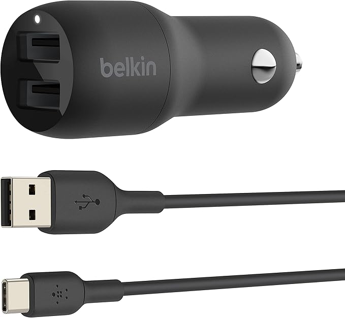 Belkin 24 Watt Dual USB Car Charger-2 12W USB A Ports with USB-C Cable for Fast Charging Apple iPhone-USB-C Charger & 3.3ft Braided USB-C Cable, Boost Charge USB-C to USB Cable, USB Type-C Cable