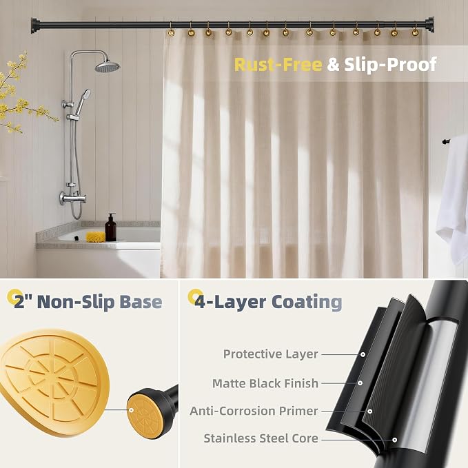 STARLATTA Long Tension Shower Curtain Rod 31-120 Inch (10ft): 1.1" Dia Rustproof Stainless Steel, No Drilling Heavy Duty, Adjustable Room Divider for Bathroom Window, Matte Black