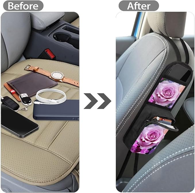 3D Rose Flower Auto Seat Storage Bag Multi-Pocket Seat Side Organizer Multifunctional Car Seat Storage Hanging Bag Suitable for Cars, SUVs, Trucks