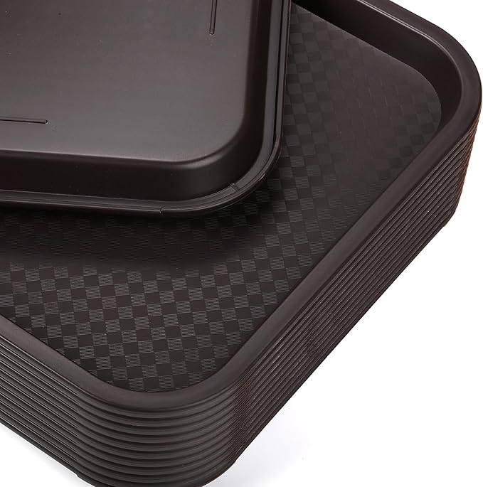 Yarlung 12 Pack Plastic Fast Food Trays, 13.7 x 10.5 Inch Rectangular Cafeteria Trays Restaurant Serving Tray for Coffee Table, Kitchen, Party, Brown