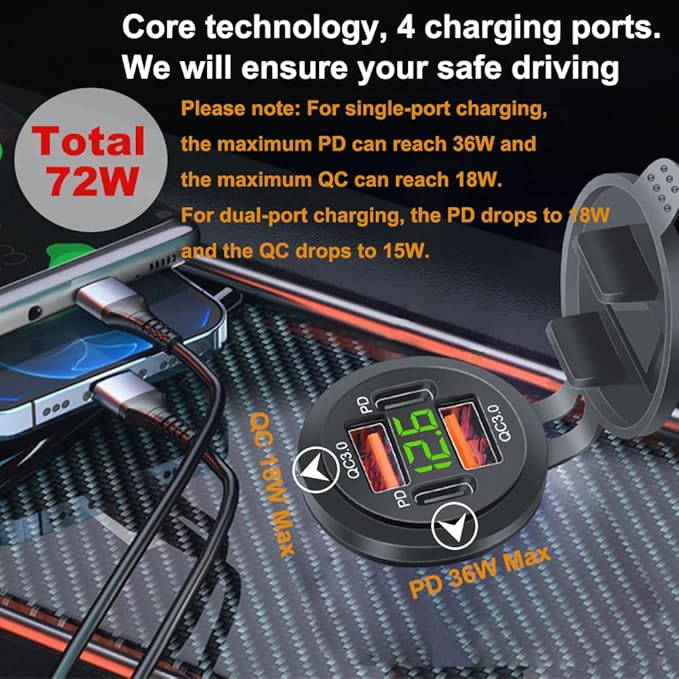 4 Ports USB Car Charger Total 72W, DC 12-24V, USB C PD Max 36W, USB A QC Max 18W, Dashboard Flush Mount Charge Outlet Socket for RV Bus Boats Truck, Blue Light