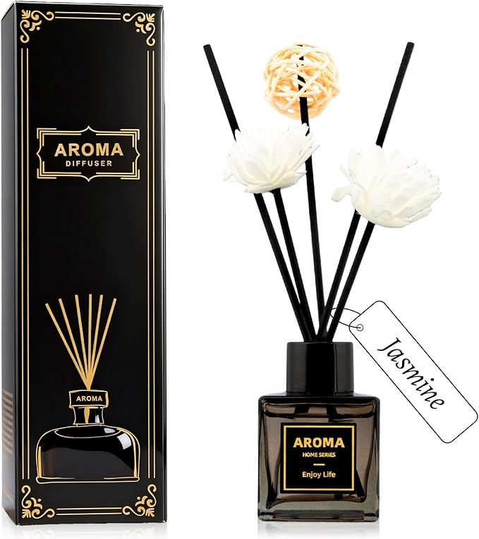 Black Glass Bottle Scent Diffuser, 1.7 oz Reed Diffuser with Sticks, Home Fragrance for Bookshelf, Bedroom Vanity, Office Desk & Bathroom Decor, Air Freshener for Aesthetic Room Decor (Jasmine)