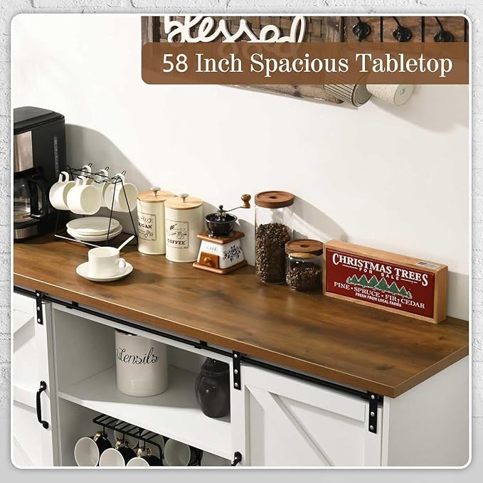 4ever2buy Farmhouse Coffee Bar Cabinet with Storage, 58'' Sideboard Buffet Cabinet with Sliding Barn Door, White Coffee Bar with Gourd Feet, Farmhouse Cabinet for Living Room