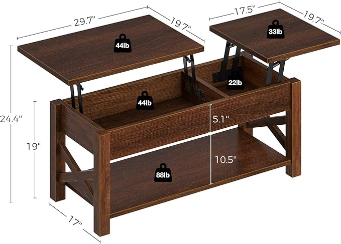 Rolanstar Coffee Table, 47.2" Lift Top with Hidden Compartment, 2 Way Lift Top Coffee Table with Open Shelf & X Wooded Support, Farmhouse Center Table for Living Room, Espresso
