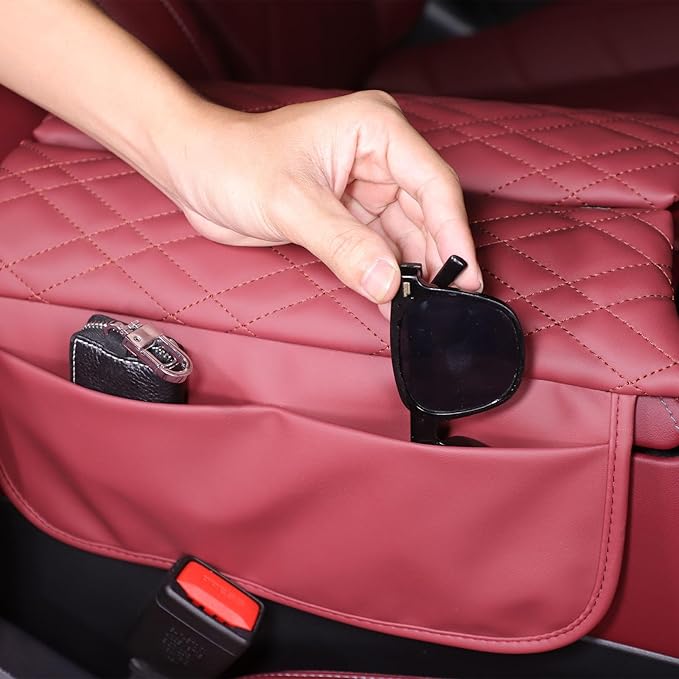 Car Center Console Cover Compatible with BMW 5 Series G60 2024 Sedan,Center Seat Armrest Cover Pad Leather Cushion Anti-Scratch Protector with Side Mobile Phone Storage Pockets 2PCS (Burgundy Color)
