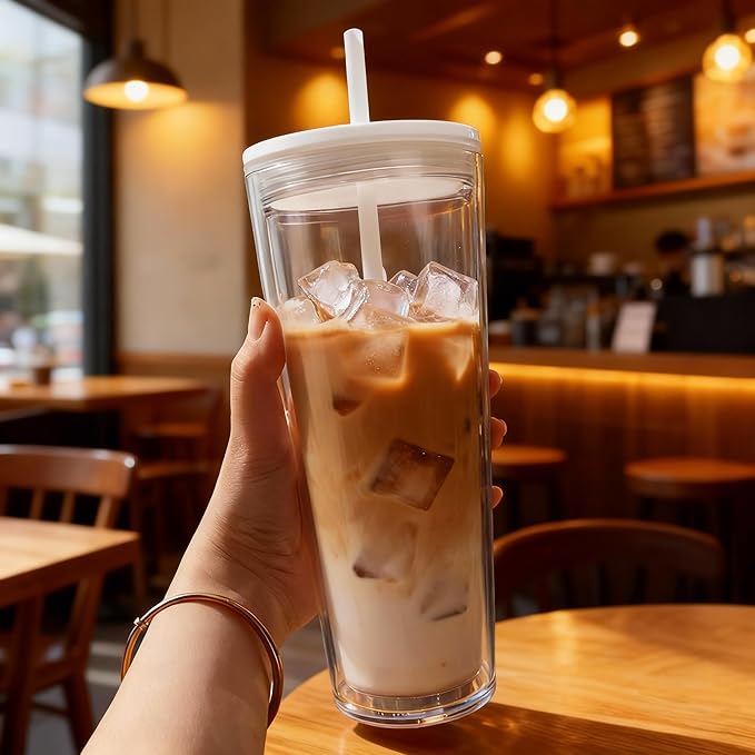 24oz Tumbler with Lid and Straw, Leak Proof and Double Wall Insulated Reusable Plastic Cups,Travel Reusable Iced Coffee Cup (1, White)
