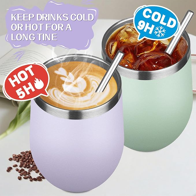 12oz/4 Pack Stainless Steel Wine Tumbler with Lid and Straw, Double Wall Vacuum Insulated Wine Tumbler Glasses, Stemless Travel Mugs for Hot and Cold Drinks, Coffee, Wine, Cocktails