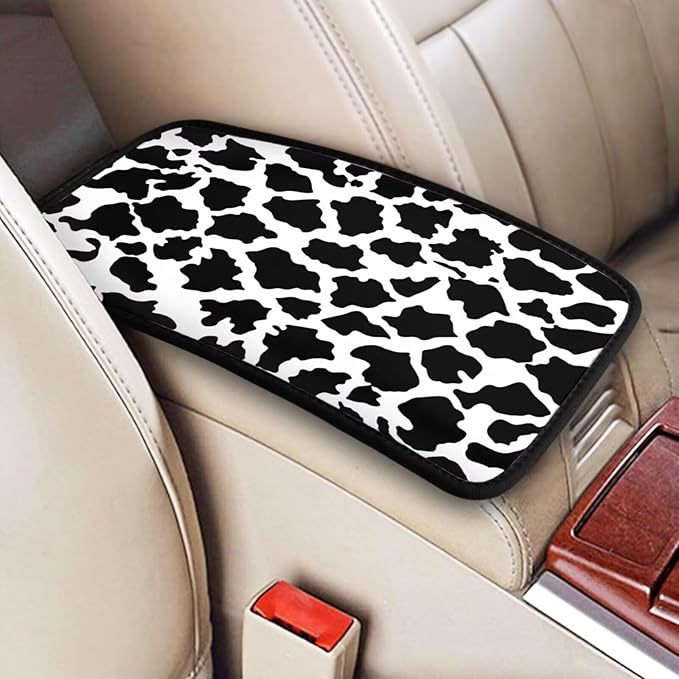 Black Center Console Cover for SUV Truck Van Sedans Cute Cow Armrest Pad Protector for Women Men Car Interior Accessories White Armrest Cushion