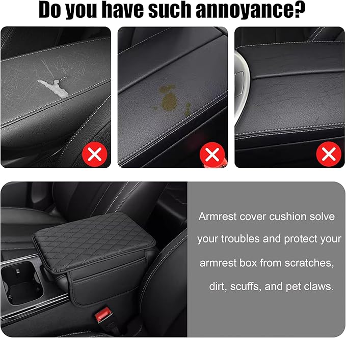 Car Center Console Cover, Upgraded Leather Armrest Seat Box Cover with 2 Storage Bags, Universal Waterproof Car Armrest Cushion Comfortable Accessories for Most Vehicles (Black)
