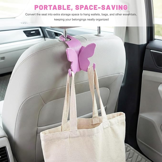 2 PCS Car Seat Headrest Hook, Butterfly Multipurpose Storage Hook Seat Back Purse Holder, Cute Butterfly Headrest Purse Hanger Interior Accessories for Car Truck SUV (Purple)