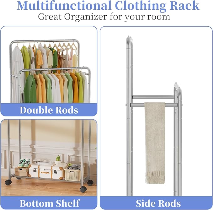 Simple Trending Clothing Clothes Rack Double Rods with Wheels, Rolling Metal Garment Rack for Hanging, Silver