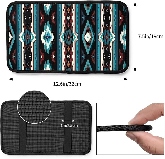Car Center Console Cushion Pad Aztec Boho Armrest Seat Box Cover Protector Native American Armrest Pads Western Turquoise Stripe Car Decor Accessories for Sedans Vans Truck Vehicles SUV