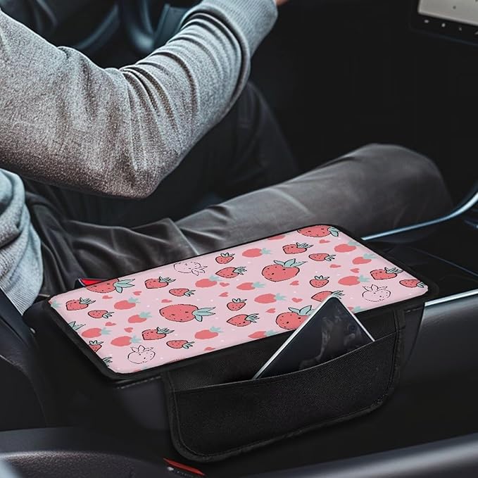 Dreaweet Strawberry Car Accessories Center Console Cover Cute Car Armrest Box Pad for Women Girly,Armrest Cover Protector for Vehicle SUV Truck Car Console Covers with Pockets