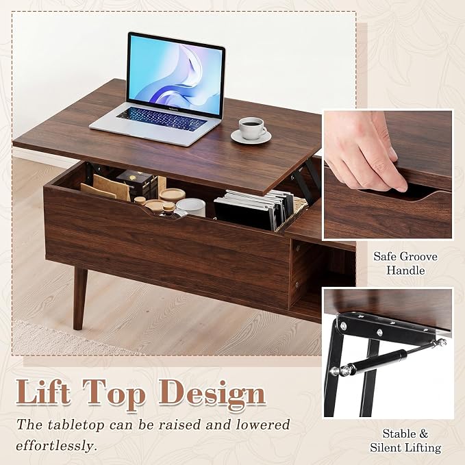 Sweetcrispy Coffee Table Lift Top Coffee Tables for Living Room,Small Rising Wooden Center Tables with Storage Shelf and Hidden Compartment, Dark Brown
