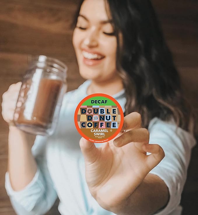 Double Donut Decaf Flavored Coffee, Caramel Swirl, Decaf Caramel Coffee for Keurig K Cups Machines, Single Serve in Recyclable Pods, 96 Count Bulk