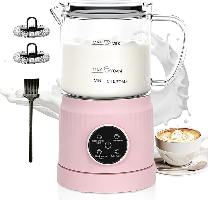 4-in-1 Milk Frother, Electric Milk Frother and Steamer with LED Touch Screen, Non-stick Bottom, Milk Warmer 13.52oz for Lattes, Cappuccinos, and Macchiatos at Home (pink)