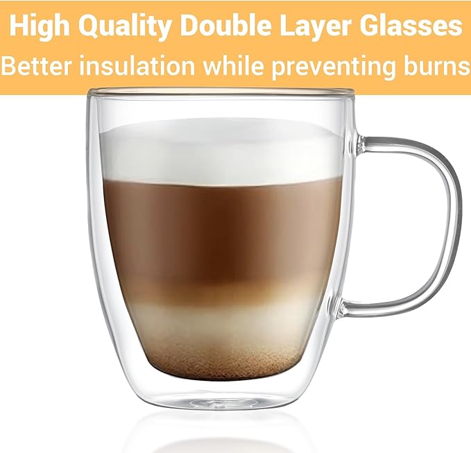 Double Walled Glass Coffee Mugs with Handle (Set of 2) - 19oz Clear Espresso Cup, Transparent Coffee Mugs for Daily Use & Gift, Transparent Mug for Hot Coffee, Iced Tea & Cappuccino (560 ml)