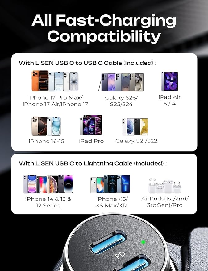 AINOPE 67.5W Super Mini Cigarette Lighter Adapter Car Charger USB C Fast Charging, All Metal PD&QC Type C Car Charger Adapter Outlet Plug Socket for iPhone 17 16 Pro Max 15 14 13 Air, Samsung S26 S25
