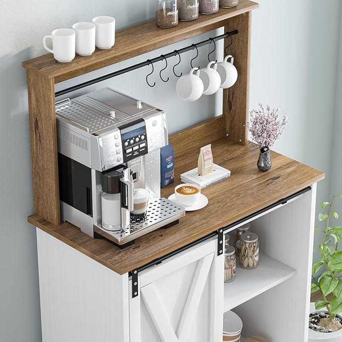 4ever2buy Farmhouse Coffee Bar Cabinet with Storage, White Coffee Bar with Hutch and 6 Hooks, 31.5 Inch Hutch Cabinet with Sliding Barn Door and Adjustable Shelves for Living Room