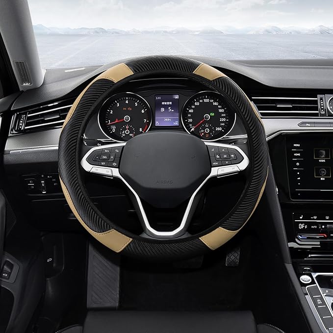Car Steering Wheel Cover, Steering Wheel Protector, Universal 14.5-15 Inch Microfiber Leather Breathable Auto Steering Wheel Covers, Carbon Fiber Steering Wheel Cover for Women Men (Beige)