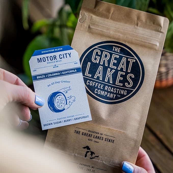Great Lakes Medium Roast Whole Bean Coffee, Motor City Signature Blend, Farmer Direct Sourced from Brazil, Columbia, and Guatemala, 12 Ounces