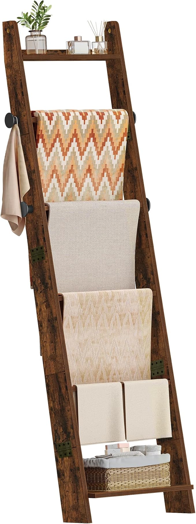Hzuaneri Blanket Ladder for Living Room, Decorative Quilt Rack with 4 Removable Hooks, 6-Tier Blanket Ladder Shelf for Bedroom,Rustic Brown BR30601X