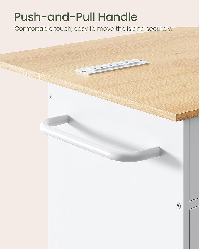 Kitchen Island, Kitchen Island Cart with One Double Cabinet and Drawer, Rolling Storage Cart with Power Strip, with Drop Leaf, for Kitchen, Living Room, White and Natural MZD01UWNN1