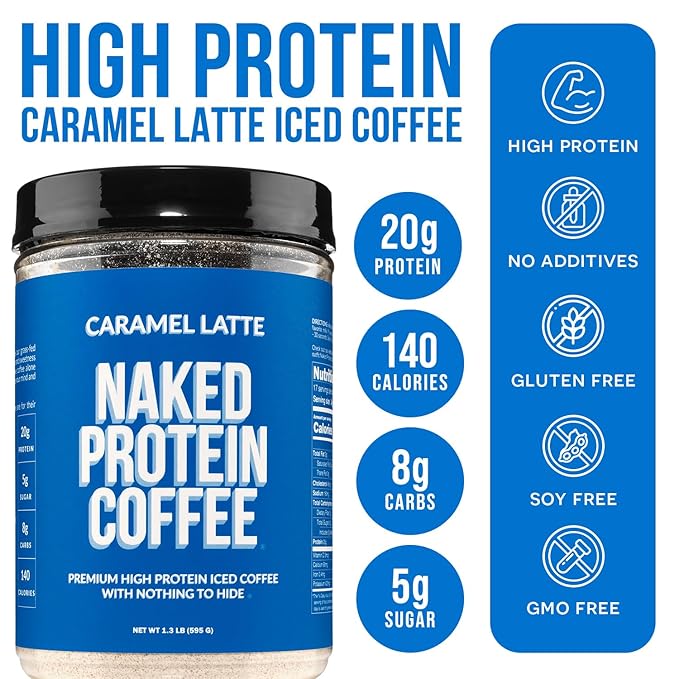 NAKED Caramel Latte Protein Coffee - Premium Colombian Iced Coffee Protein Shake Drink, Delicious Keto Friendly and Gluten Free, 17 Servings