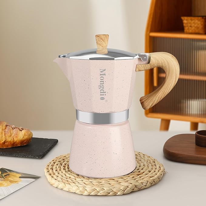 Mongdio Stovetop Espresso Maker Moka Pot, Cuban Coffee Maker Stove top coffee maker Moka Italian Espresso Greca Coffee Maker Brewer Percolator, 6 Espresso Cups, 10 oz - Pink