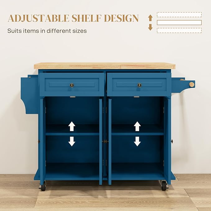 HOMCOM Kitchen Island Cart with Rubber Wood Top, Rolling Kitchen Island Table on Wheels with Drawers, Adjustable Shelves, Spice Rack and Towel Rack for Dining Room, Turquoise