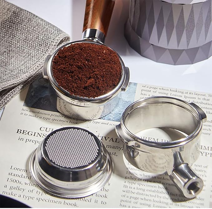 58mm Bottomless Portafilter,Stainless Steel Portafilter 2 Ears for 58-Gaggia Machines-Not suitable with E61 groupheads,with Walnut Handle & Filter Basket(58mm compatible withGaggia/2 Ears)