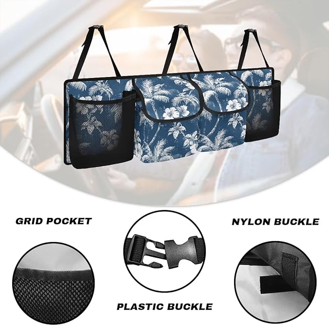 Car Trunk Organizer, Backseat Hanging Organizer with Pockets, Super Capacity -Trunk Storage Bag Decoration for SUV,Truck,Van,Blue White Palm Tree Floral Tropical