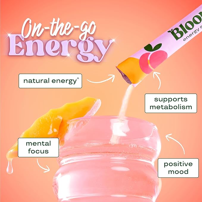 Bloom Nutrition Energy Drink Powder Packets, Sugar Free Energy Drink Mix with L-Theanine, B Vitamins & Natural Caffeine, On the Go Powder Sticks for Natural Energy, 10 Calories (10 Pouches (Pack of 1), Peach Mango)
