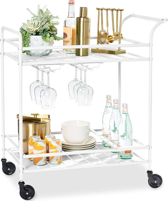 Best Choice Products Rolling Bar Cart, Mobile Home Bar Serving Cart, Serving Station w/ 2 Tier Shelves, Wine Rack, Lockable Wheels - White