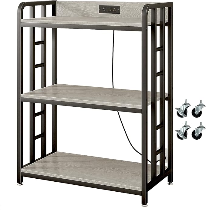 Bakers Rack with Power Outlet,Adjustable Microwave Stand with Storage,3-Tier Kitchen Shelves,Microwave cart Suitable for Kitchen,Dinning Room,Coffee Bar,Living,Greige