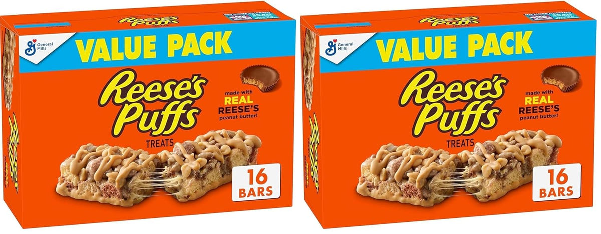 REESE'S Puffs Cereal Treat Bars, Peanut Butter and Cocoa, Snack Bars, Value Pack, 16 Ct, 13.6 oz