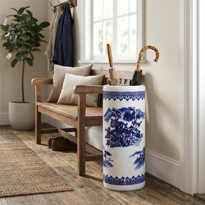 Sawysine Blue and White Ceramic Umbrella Stand, Floral Design Floor Vase for Entryway Indoor Decorative, 19.7" Heavy Porcelain Holder for Umbrellas Canes Home Decor(19.7 Inch,Landscape)