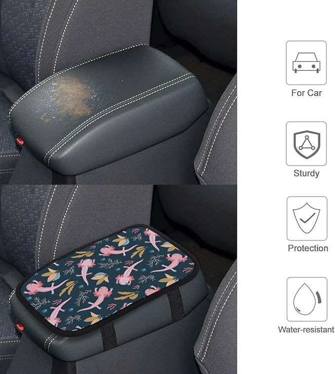 Axolotl Cute Car Center Console Cushion Pad,Waterproof Armrest Seat Box Cover Protector,Comfortable Car Decor Accessories Fit for Most Cars, Vehicles, SUVs