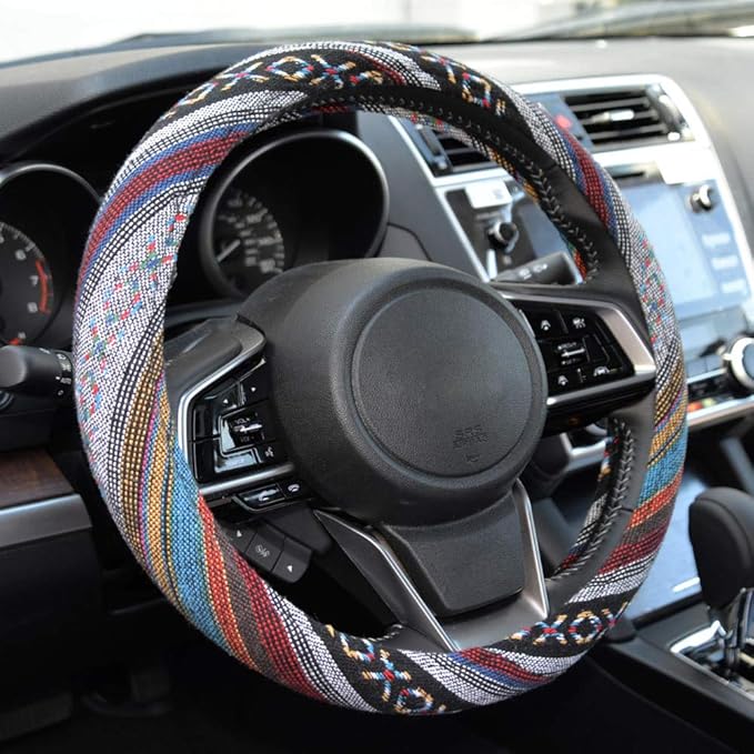 Carbella Woven Boho Bohemian Hippie Saddle Blanket Style Steering Wheel Cover for Women - Fits Most Standard Wheel Sizes 14.5 - 15 inch Woven Style - Aztec / Incan