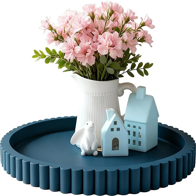 Handmade 12in Decorative Tray for Coffee Table Tray Decor, Blue Wooden Decorative Round Tray for Kitchen, Living Room, Home Decor