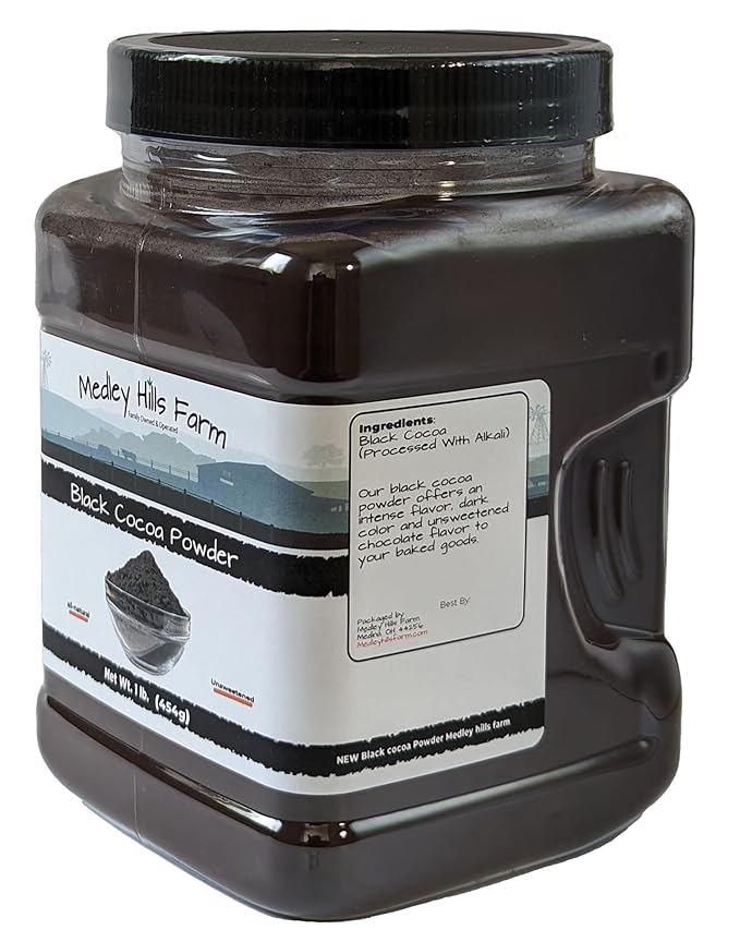 Black cocoa powder by Medley hills farm 1 Lb. in Reusable Container - Great Black cocoa powder for baking - Dutch Processed - Unsweetened