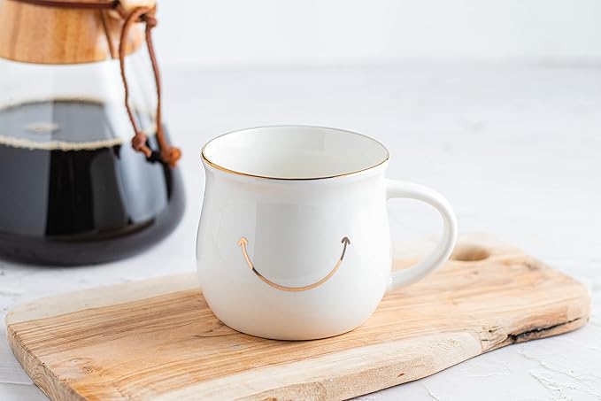 Elegant Gold-Accented Smiley Face Ceramic Mug - 13 Oz, Unique & Thoughtful Gift for Coffee Lovers, Eco-Friendly, Durable - Ideal for Home or Office