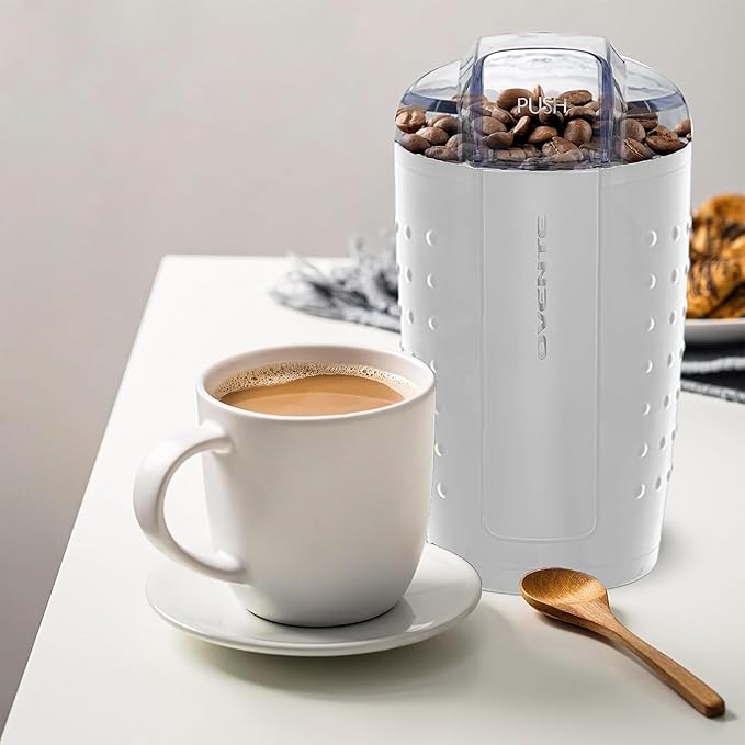 OVENTE Electric Coffee Grinder, Coffee Mill and Spice Grinder with 2.5oz Capacity, 150W Motor, One Touch Push-Button & Stainless Steel Blades for Uniform Grinding of Beans, Herb or Nuts, White CG225W