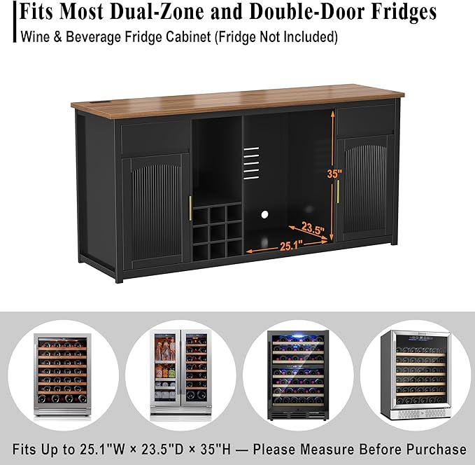GDLF Extra Long Bar Cabinet with Fridge Space, Modern Wine Liquor Cabinet with Storage and Power Outlet, Buffet Sideboard with Fluted Doors for Home, 78.7 Inch, Black